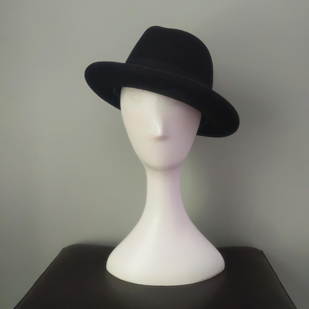 Rare! Vintage Barlesoni Black Fur Felt Feather Fedora Hat 7 56 with Box - Picture 1 of 9